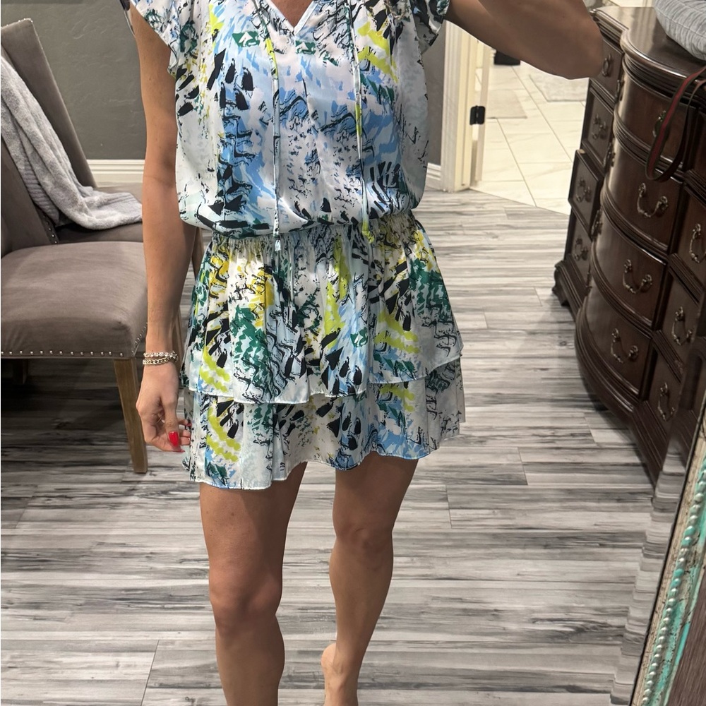 Light Blue Abstract Print Ruffle Dress